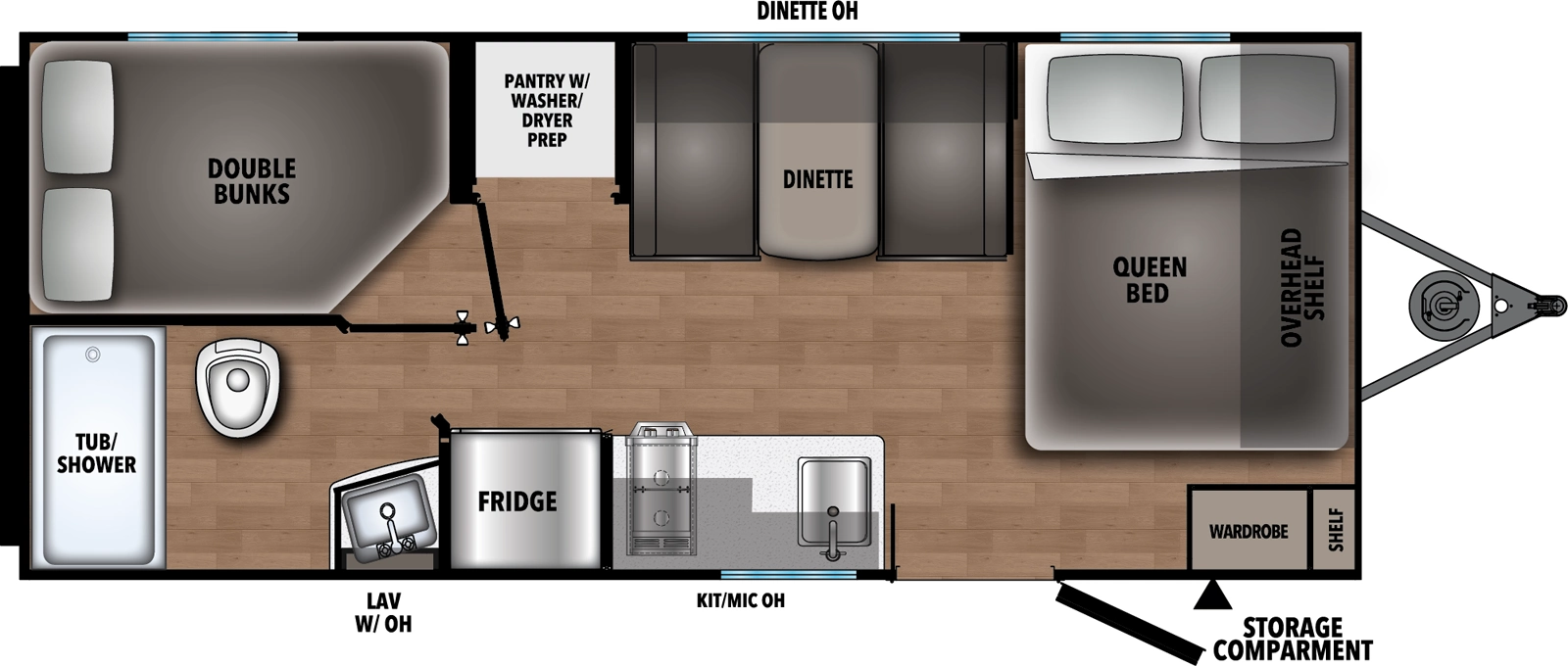 The Northern Spirit DLX & Compact 180DBL floorplan has one entry and zero slide outs. Exterior features include: metal exterior. Interiors features include: bunk beds and front bedroom.